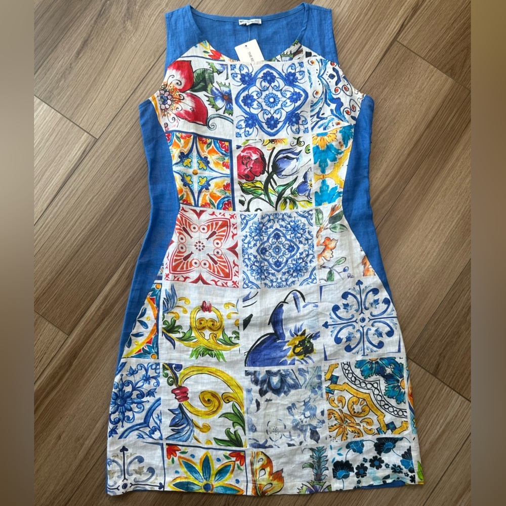 Euro Made in Italy Mario Romano Blue White Linen Printed Tank Dress